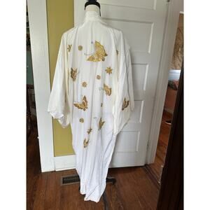 vintage Silk Long Robe Kimono Sleeves Embroidered Gold Butterflies